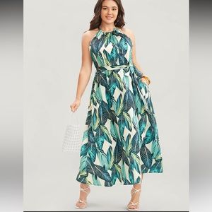 Tropical Print Knotted Pocket Ruffles Belted Halter Dress